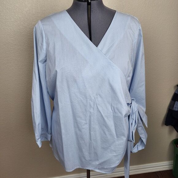 LANE BRYANT Blue Gingham Long Sleeve Wrap Top Size 26 (2028) - Picture 2 of 7